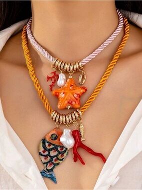 New Handmade Coral & fish Necklace - blue, white, gold and Orange